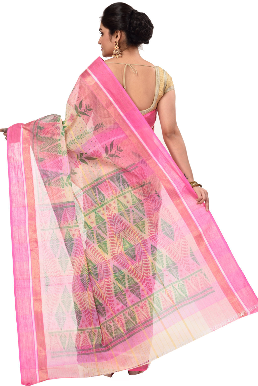 Pink Pure Cotton Lata Pata Tant Saree Print (435)